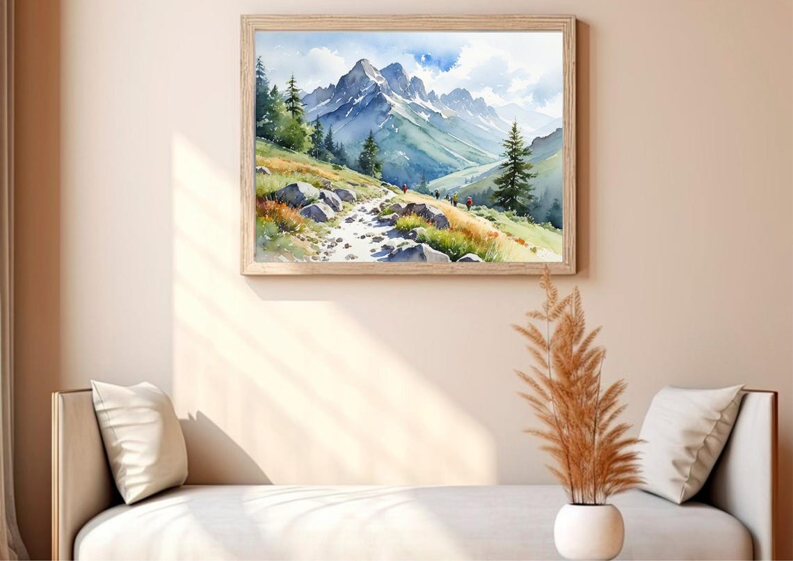 Sawtooth Range Painting Idaho Mountain Landscape Watercolor Art Print Hiking Trail And Mountaineers Art Pine Trees Art Idaho Travel Poster - Image 2