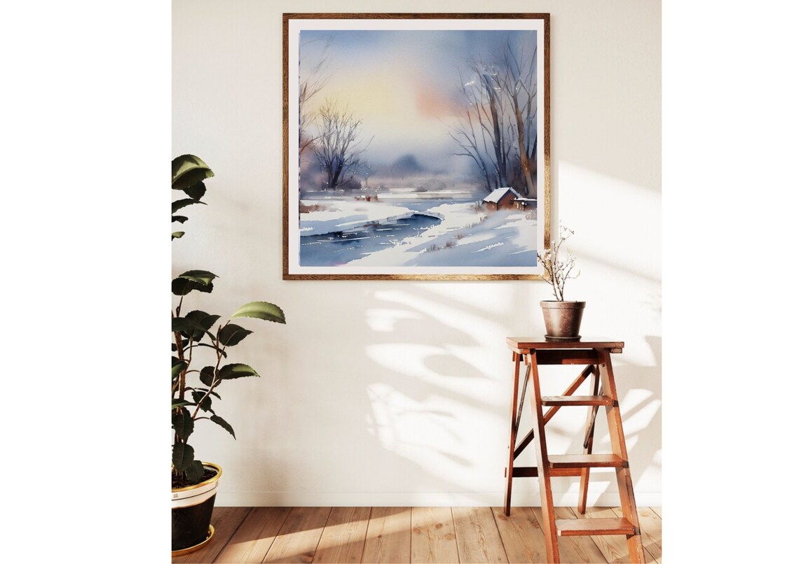 Winter Lake Cabin Watercolor in Soft Snowy Blue Tones Poster - Image 4
