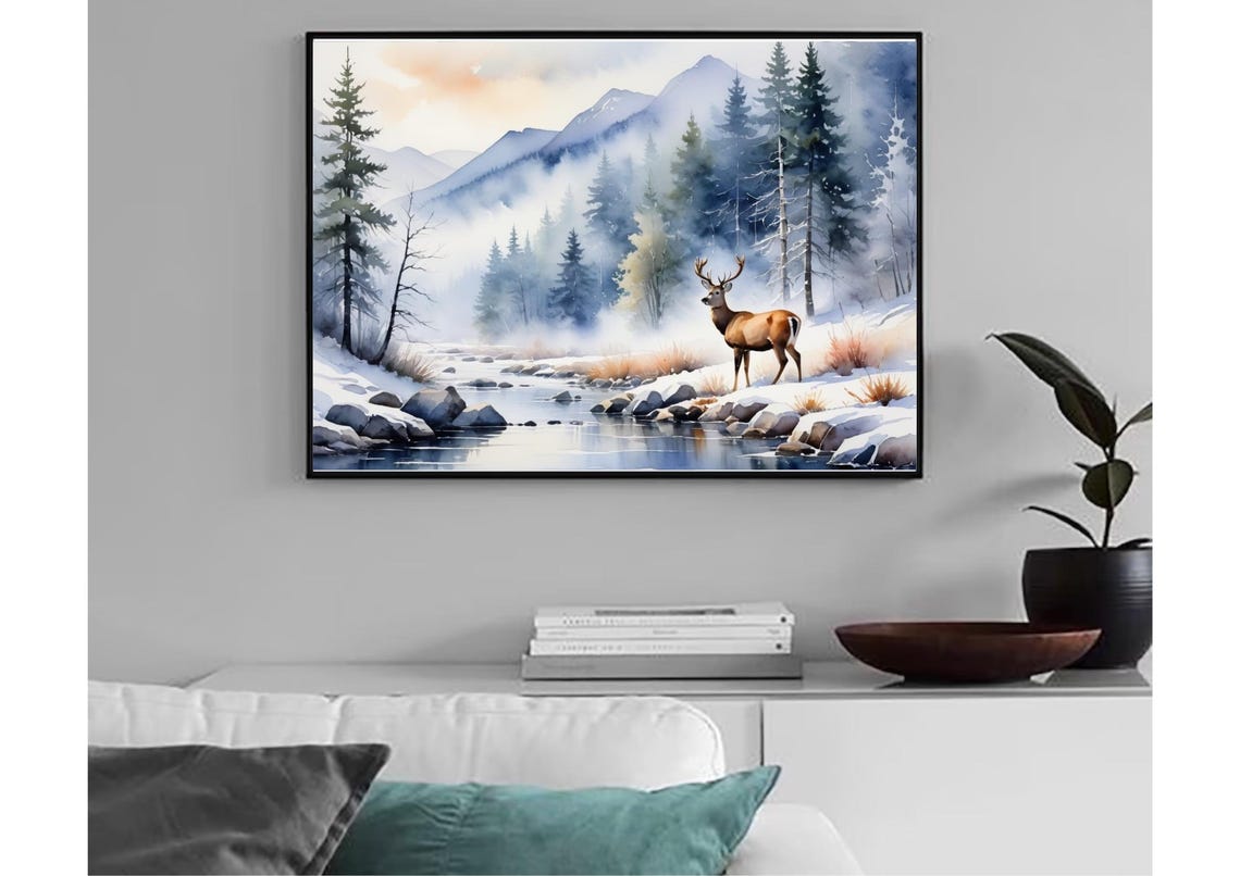 Majestic Buck Deer by Snowy Mountain Stream Watercolor Poster - Image 6
