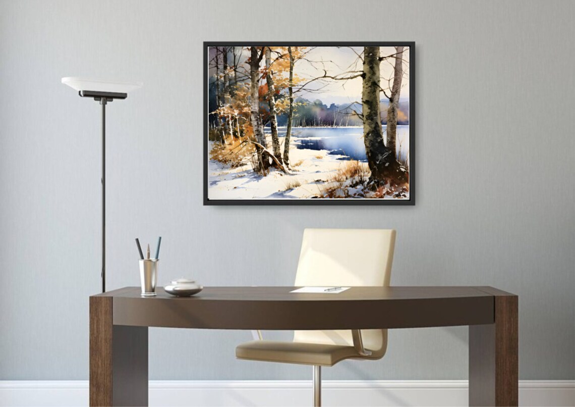 Winter Lake Birch Trees Snowy Shore Golden Leaves Watercolor Poster - Image 5