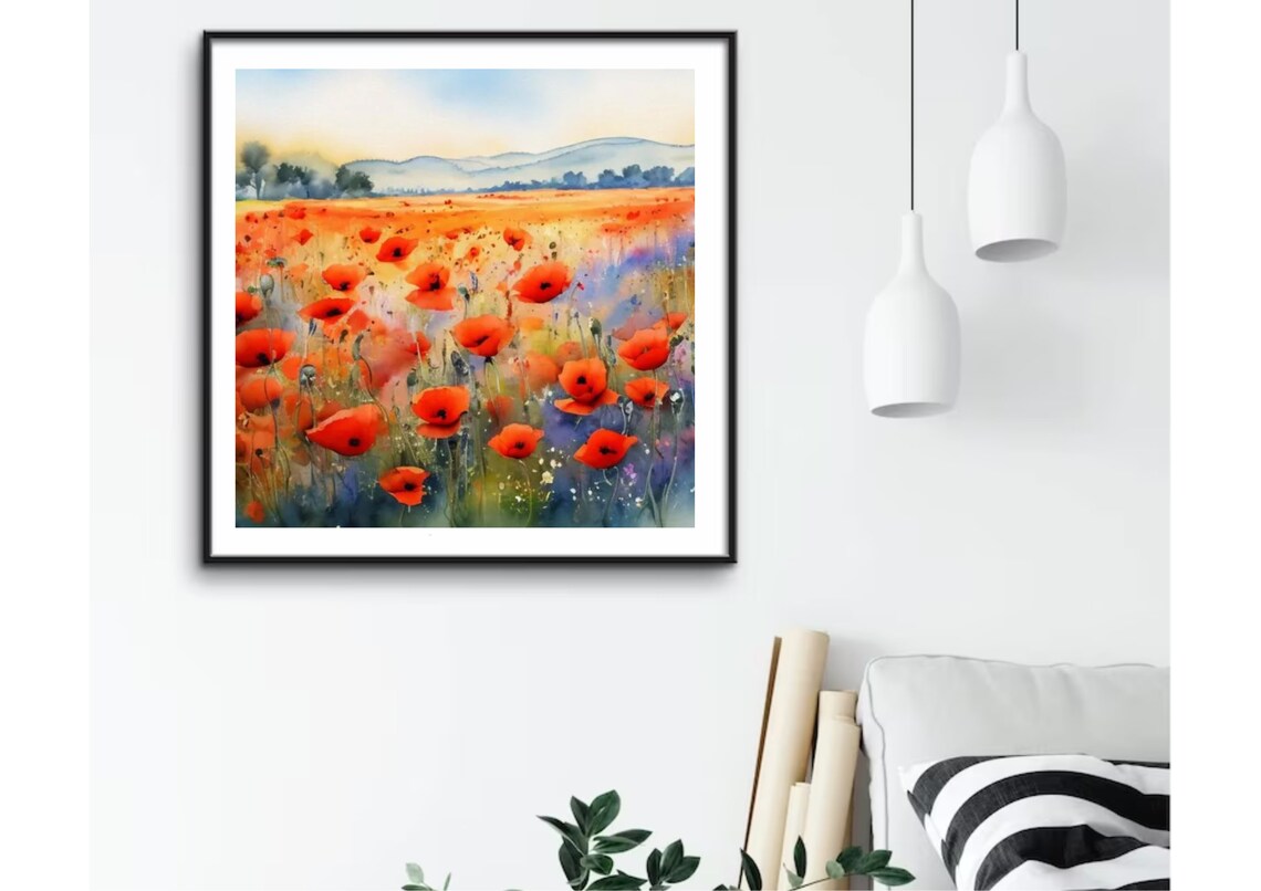 Poppies Field Watercolor Panoramic Landscape Art Print - Image 3