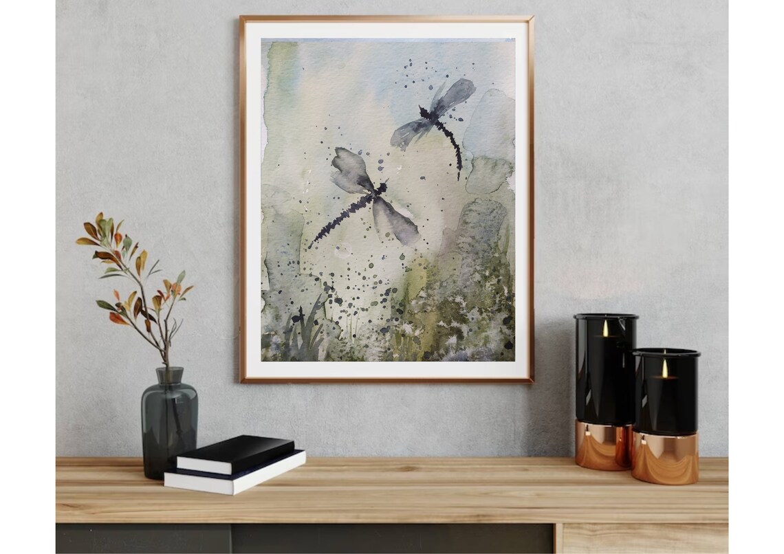 Dragonfly Watercolor Painting Wild Flowers And Dragonfly Print Insects Watercolor Print Botanical Abstract Print Flowers Field Watercolor - Image 2