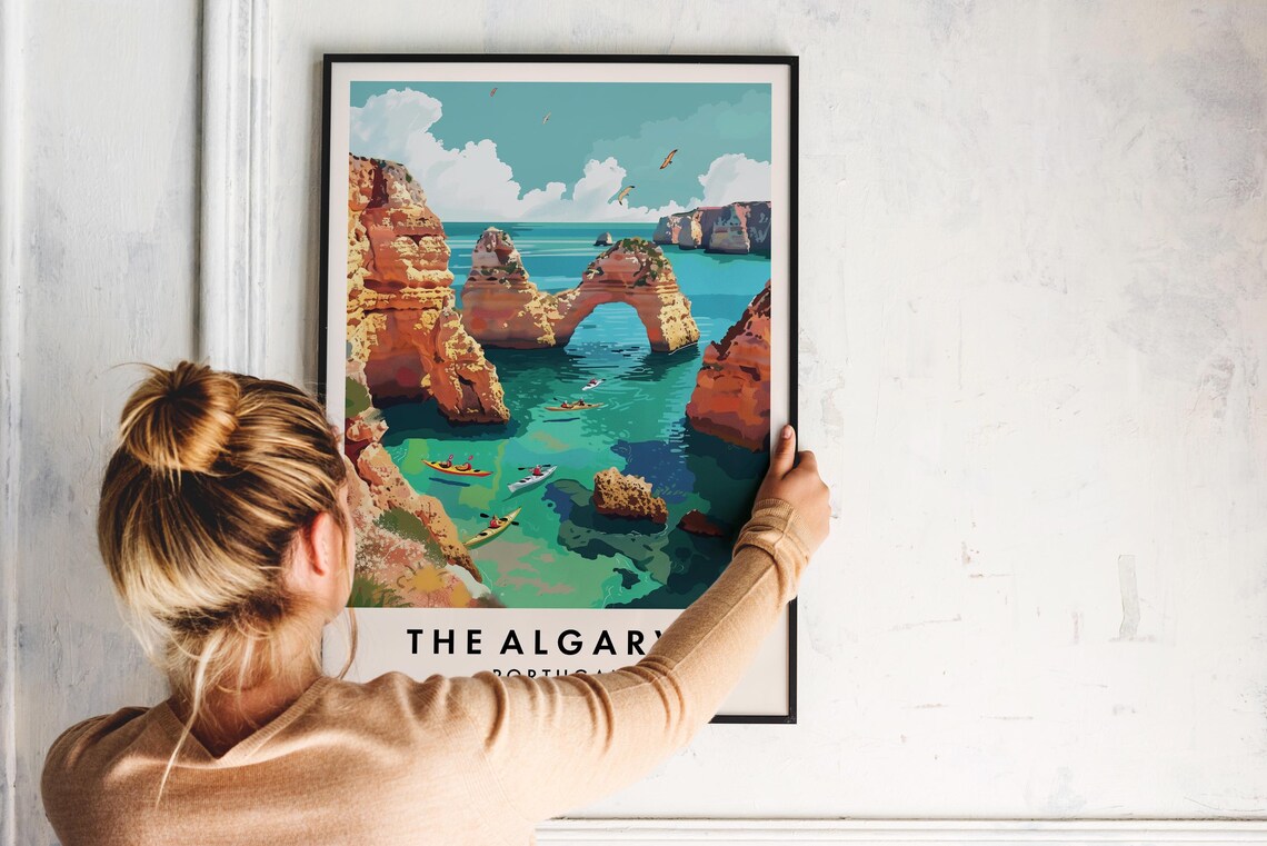 The Algarve Sea Arch Kayaks Turquoise Cliffs Portugal Travel Poster - Image 2