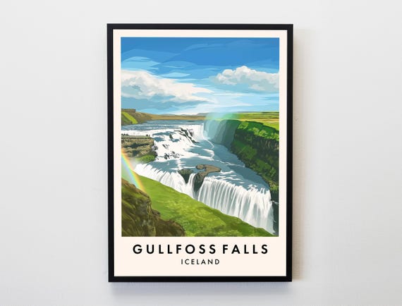Gullfoss Falls Travel Poster, Iceland Landscape