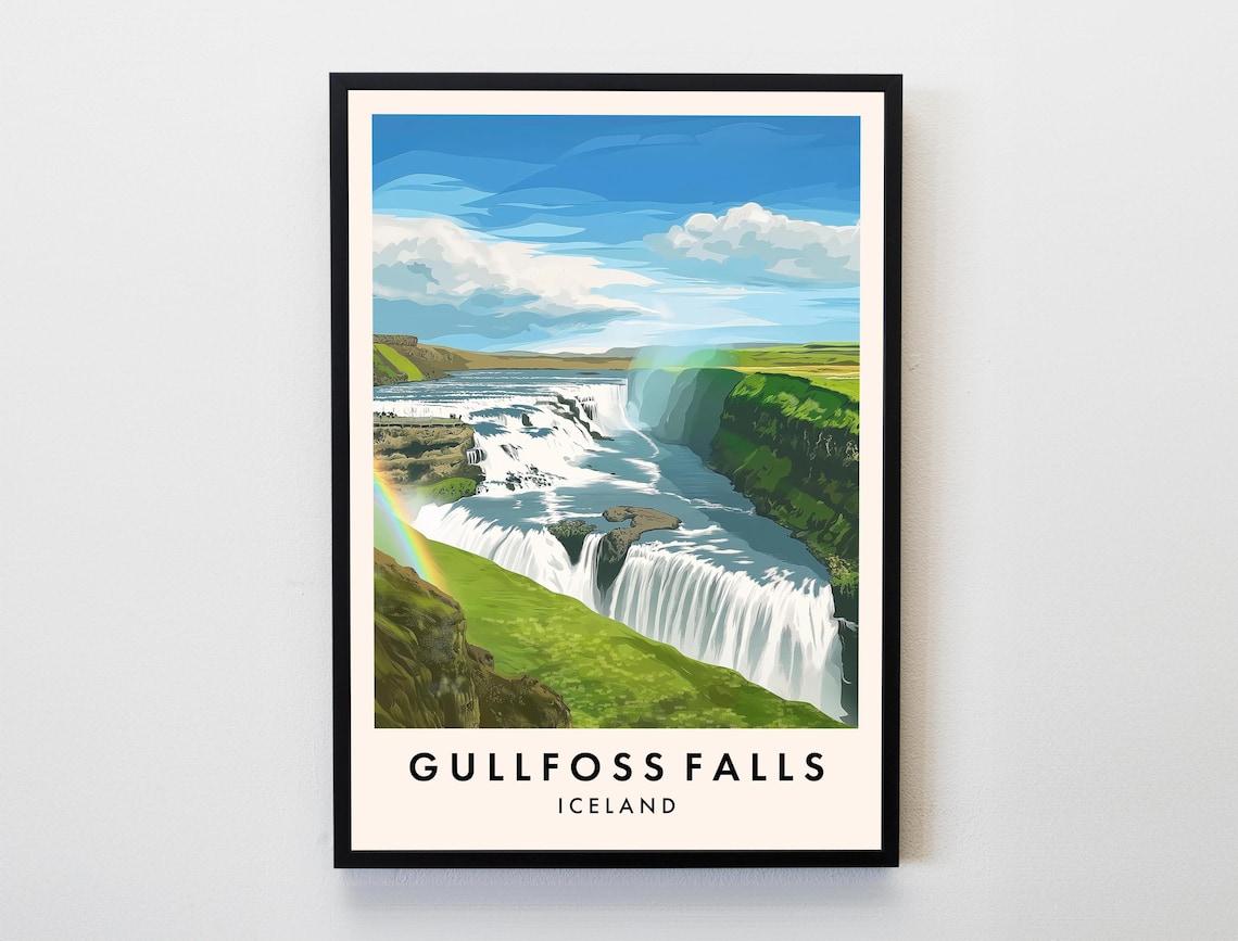 Gullfoss Falls Travel Poster, Iceland Landscape