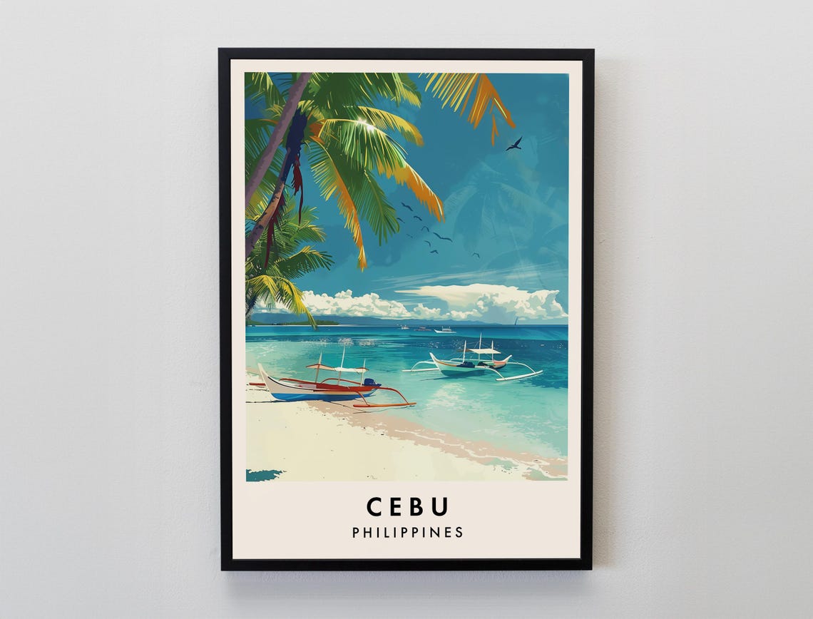 Cebu Philippines Tropical Beach Outrigger Boats Travel Poster