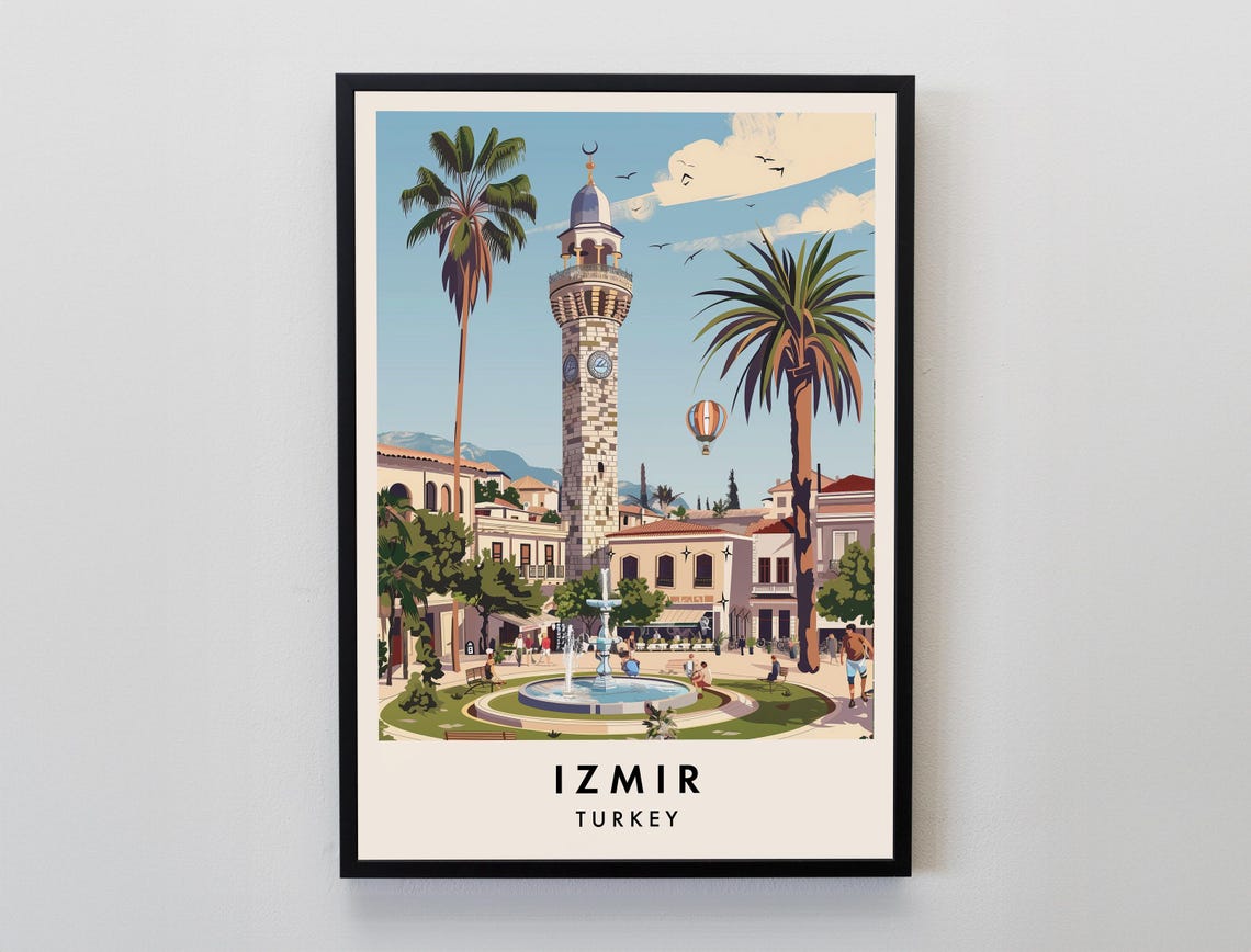 Izmir Turkey Konak Clock Tower Square Vintage Illustration Poster