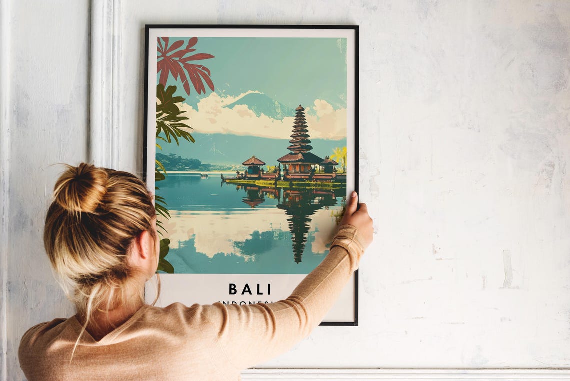 Bali Indonesia Ulun Danu Temple Lake Vintage Illustration Poster - Image 2