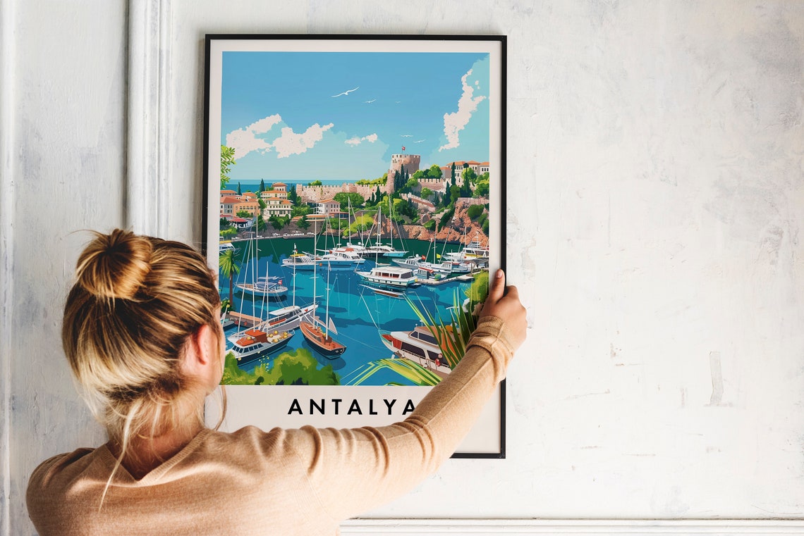 Antalya Turkey Old Harbor Sailboats Vintage Travel Scene Poster - Image 2