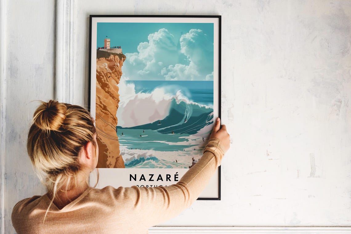 Nazare Portugal Giant Surf Waves Cliffs Vintage Travel Poster - Image 2