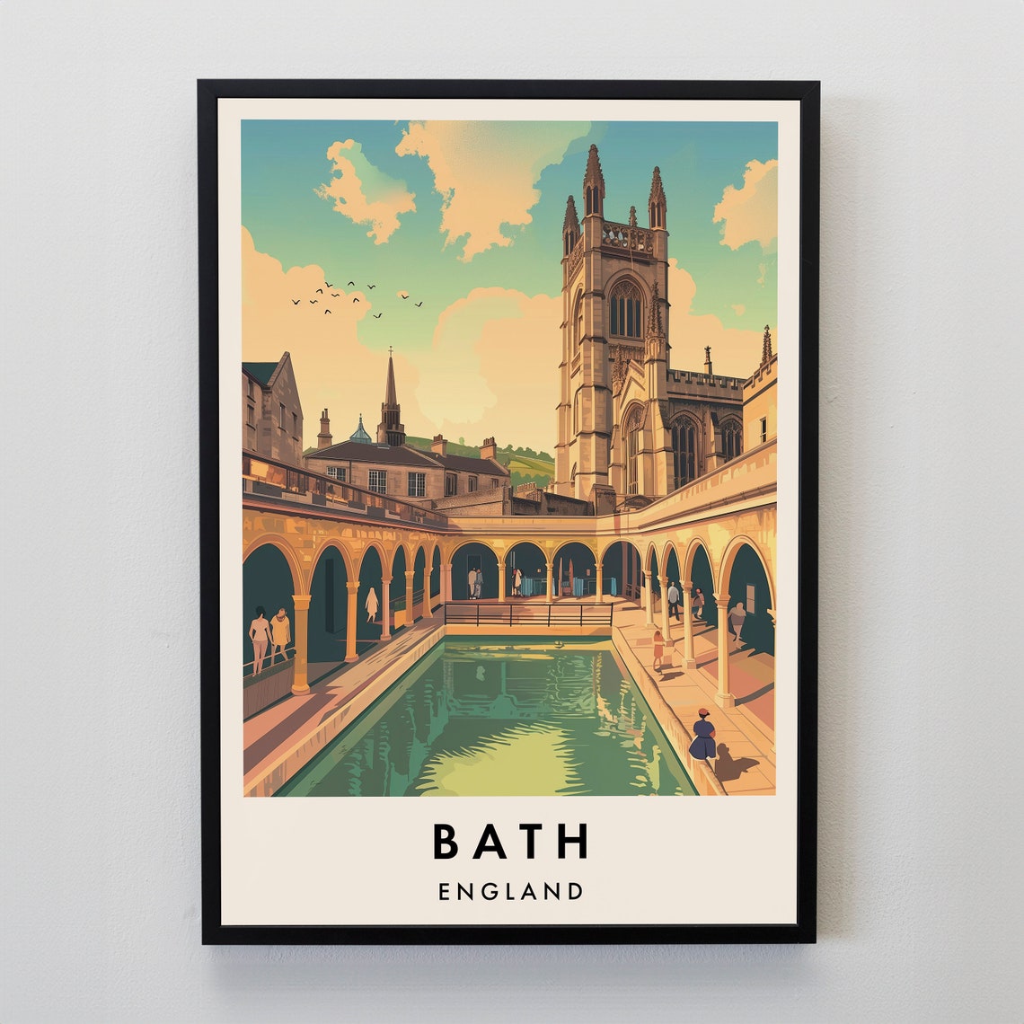 Bath England Roman Baths Travel Poster Abbey Historic Spa Cityscape