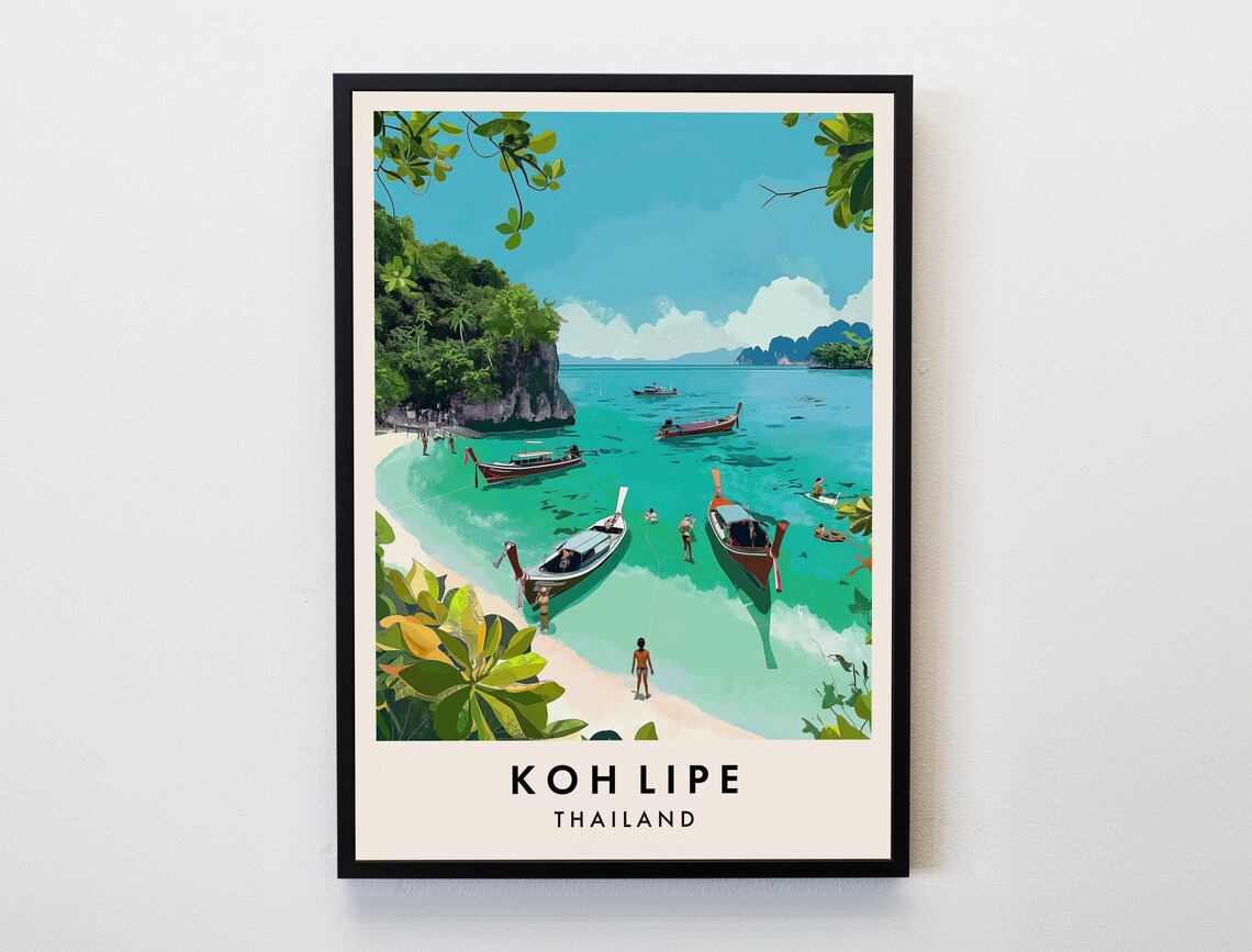 Koh Lipe Thailand Poster Longtail Boats Turquoise Sea Cliffs Beach Art