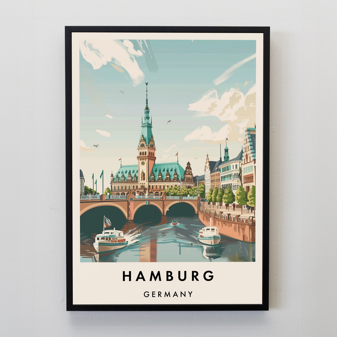 Hamburg Rathaus Canal Bridges Germany Cityscape Travel Poster