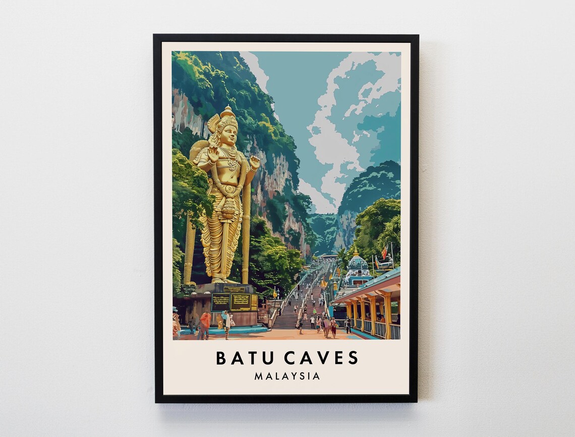 Batu Caves Malaysia Golden Statue Temple Stairs Travel Art Poster