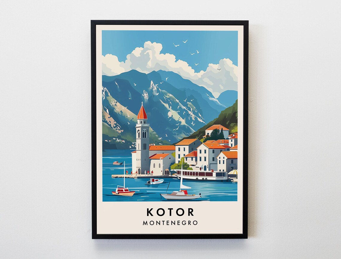 Kotor Montenegro Bay Old Town Church Bell Tower Travel Poster