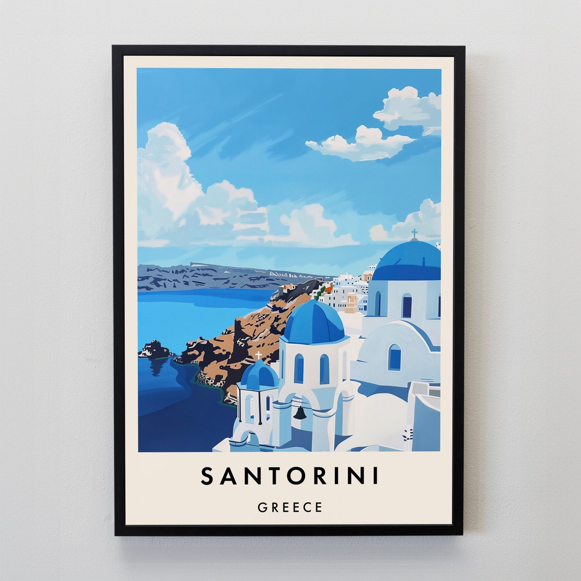 Santorini Greece Vintage Travel Poster Blue Domes Coast View
