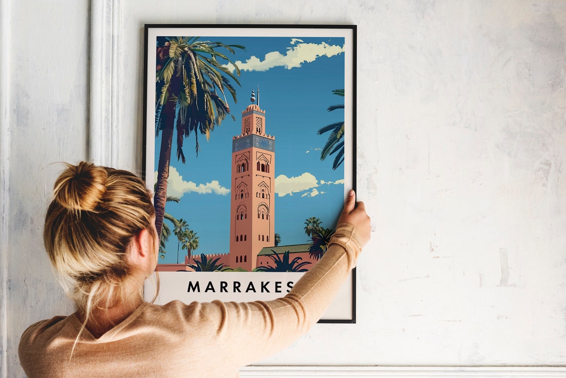 Marrakesh Morocco Vintage Travel Poster Koutoubia Mosque Palms - Image 2