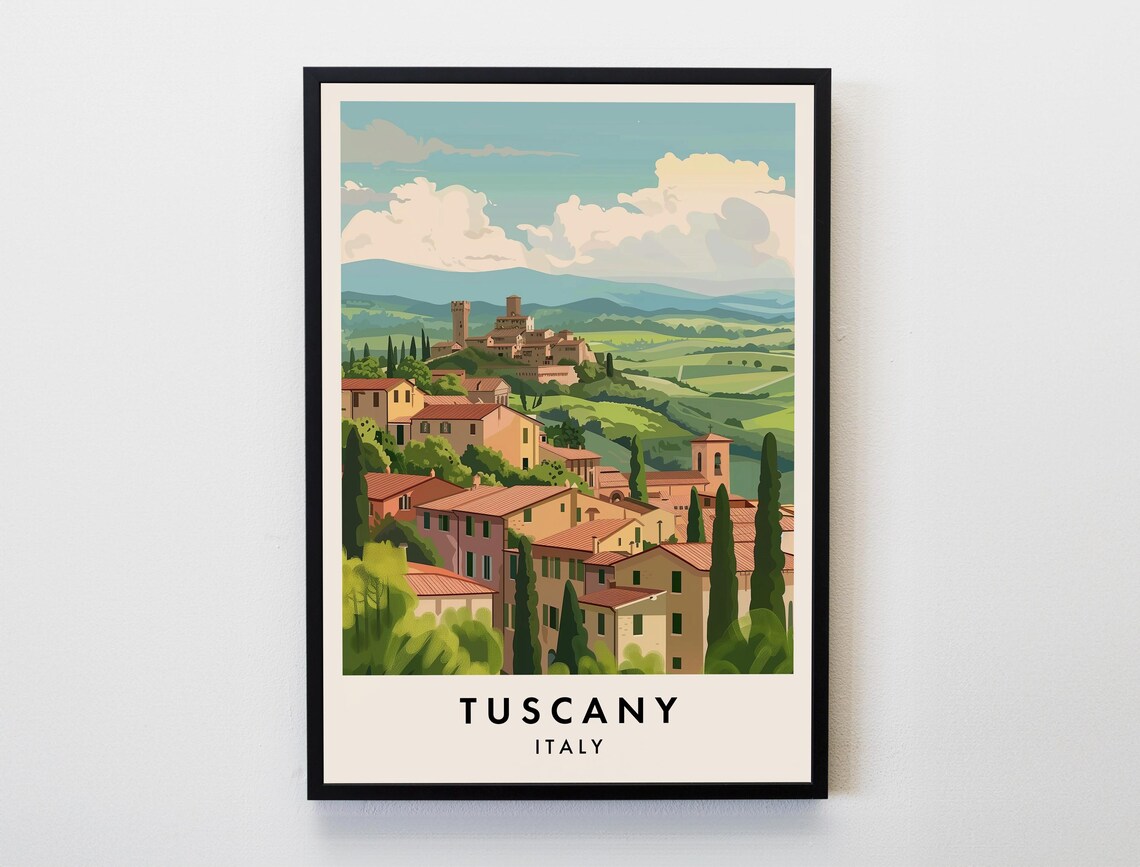 Tuscany Hilltop Village With Cypress Trees Vintage Italy Poster