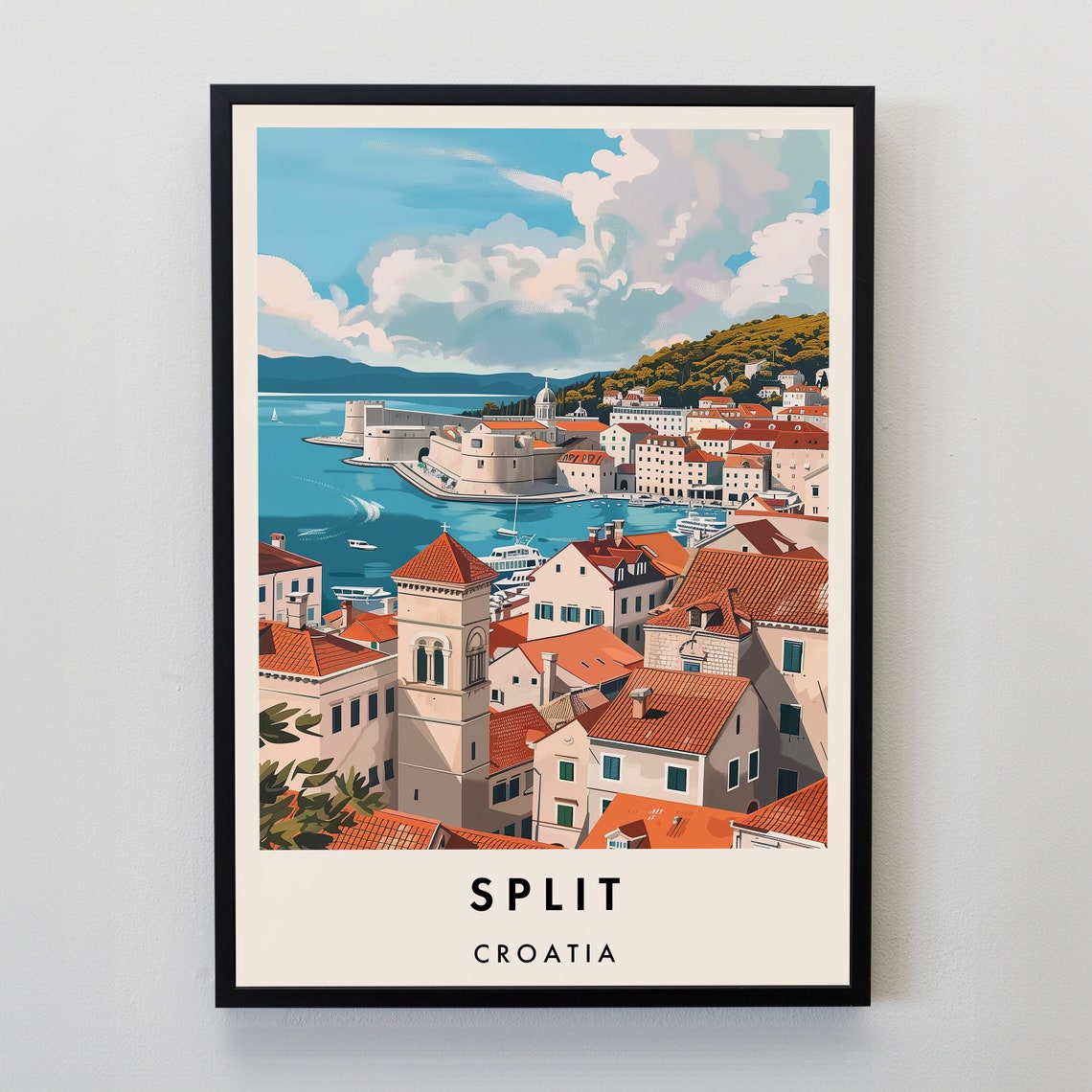 Split Croatia Harbor Old Town Red Roofs Adriatic Travel Poster