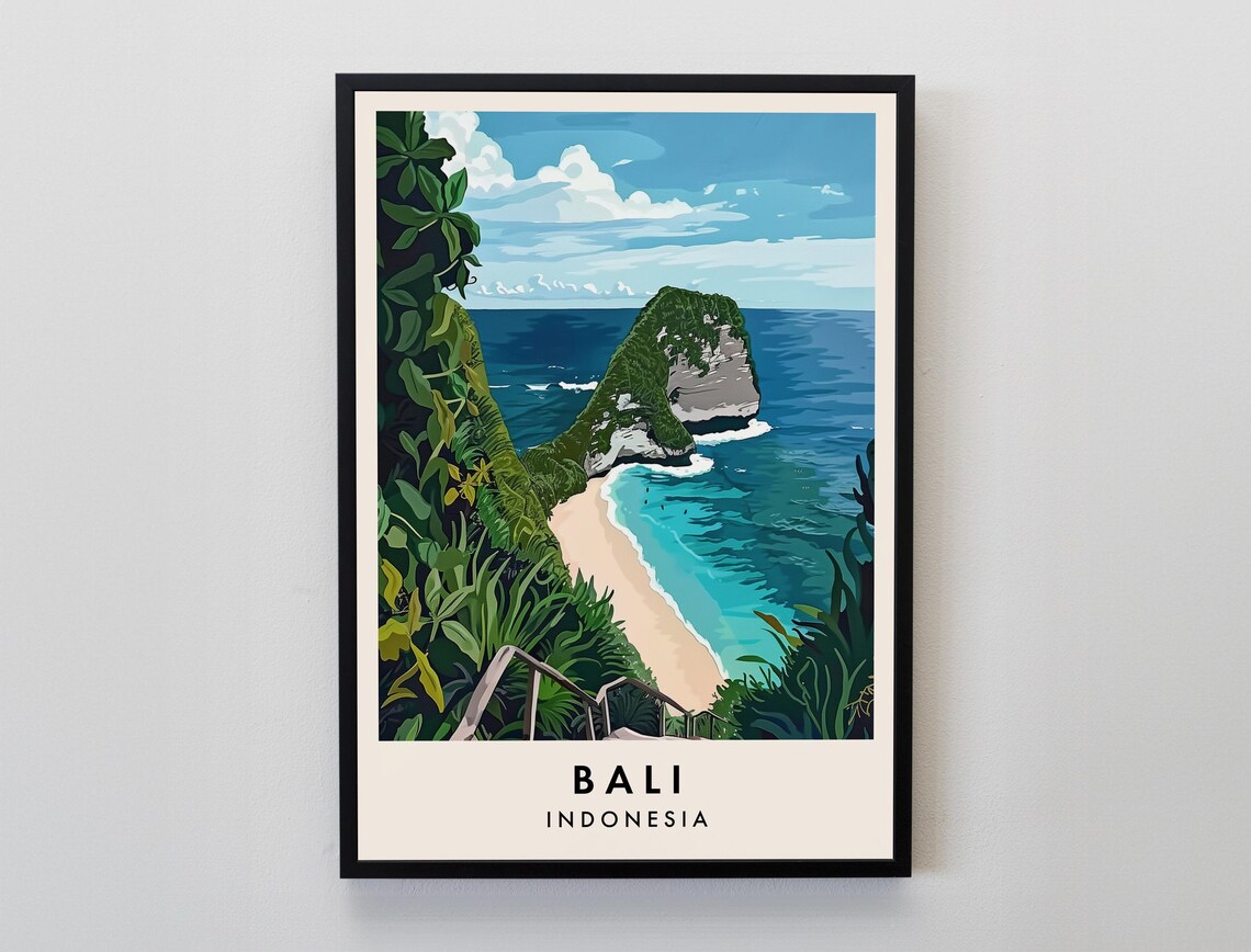 Bali Indonesia Kelingking Beach Cliff Vintage Illustration Poster