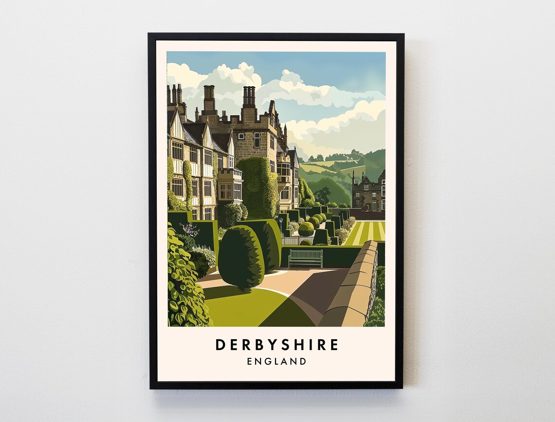 Derbyshire England Stately Home Gardens Grand Estate Travel Poster