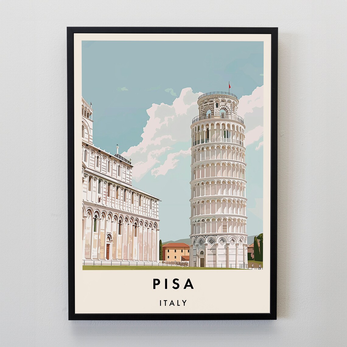 Pisa Italy Leaning Tower Vintage Travel Illustration Art Poster