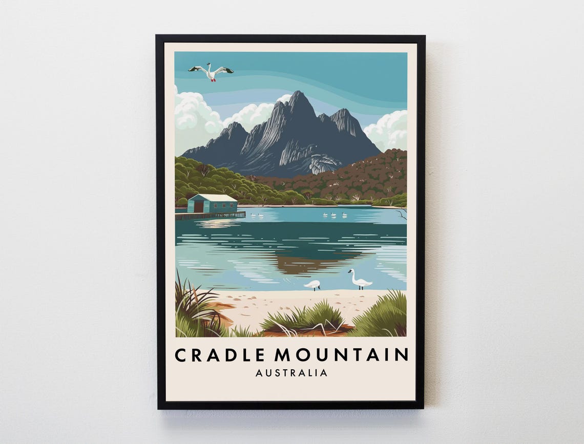 Cradle Mountain Australia Travel Poster Lake Boathouse Swan Art