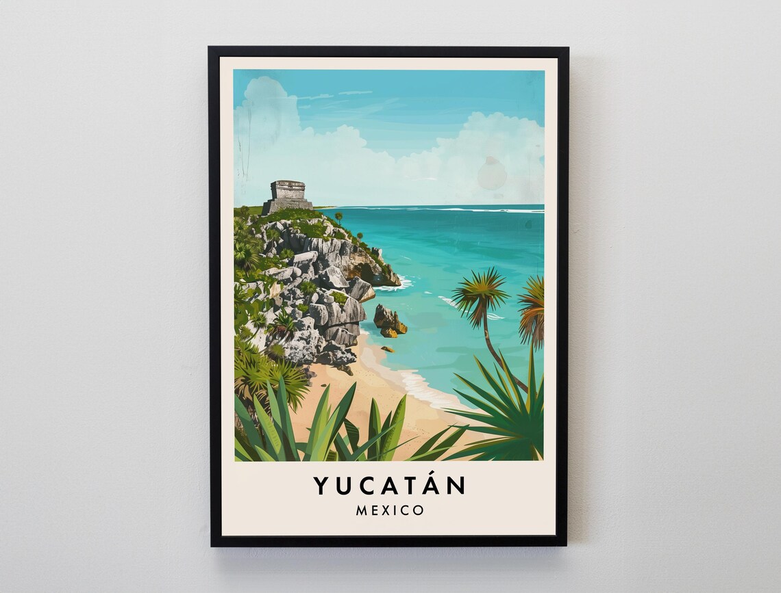 Yucatán Mexico Mayan Ruins Cliff Beach Tropical Travel Poster