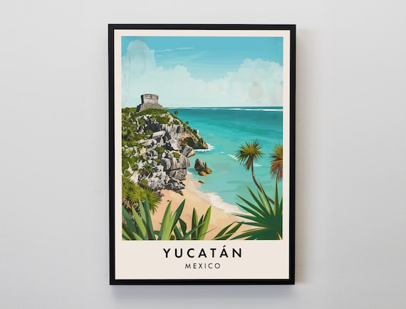 Yucatán Mexico Mayan Ruins Cliff Beach Tropical Travel Poster