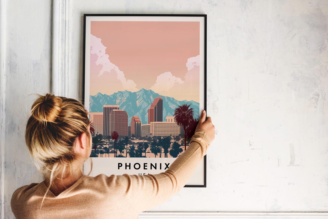 Phoenix Arizona Skyline With Mountains At Sunset Travel Poster - Image 2