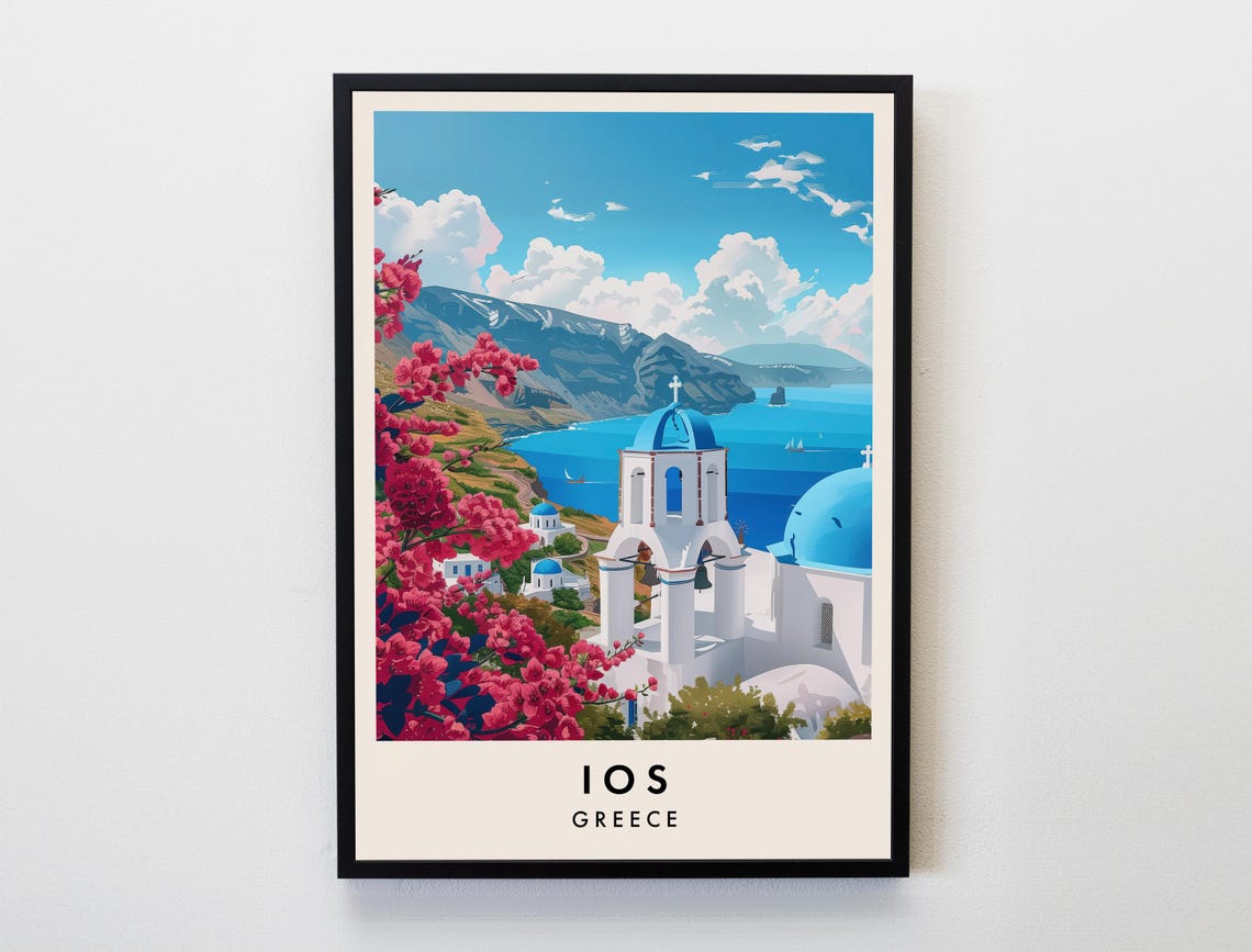 Ios Greece Blue Domed Church Bougainvillea Island View Travel Poster