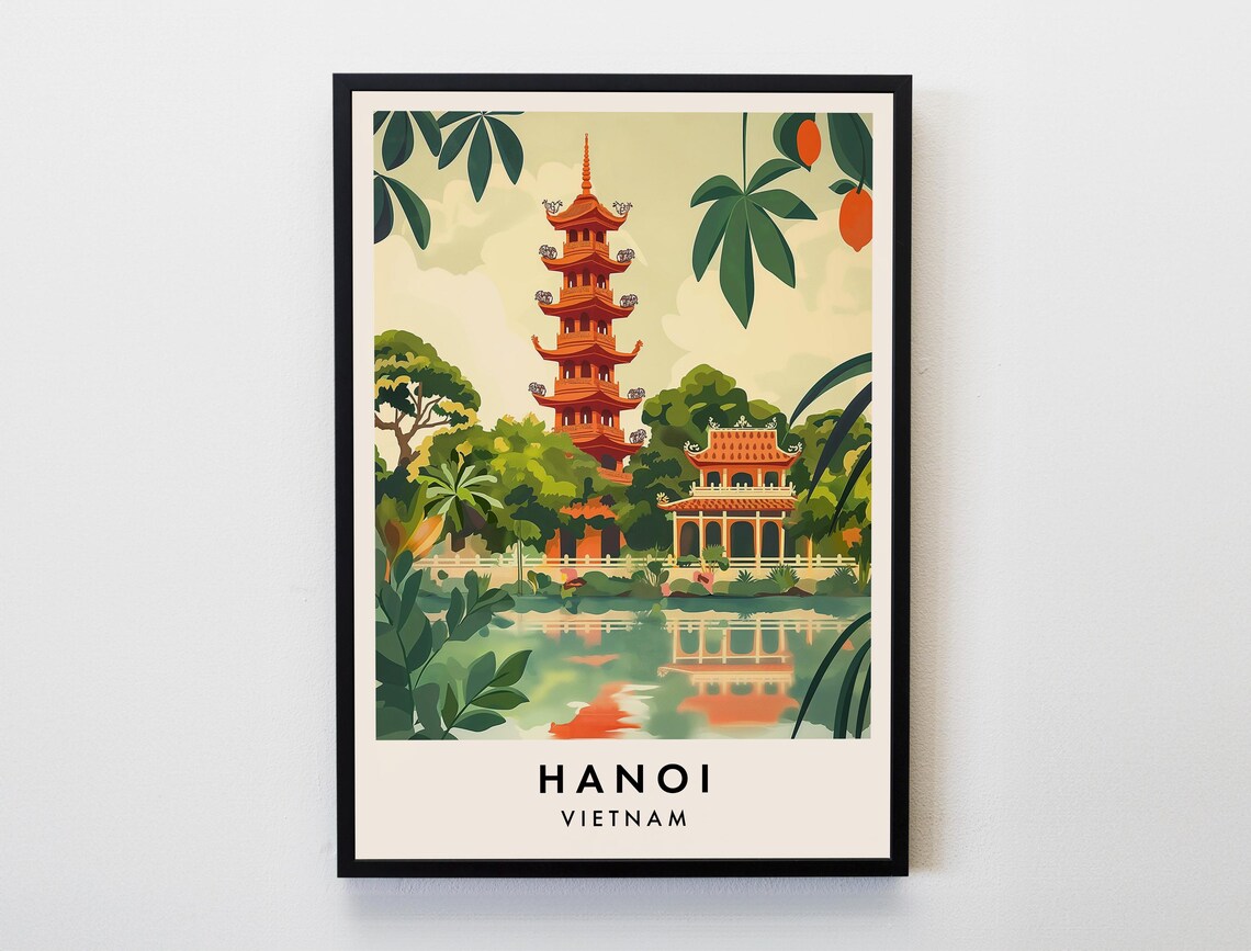 Hanoi Vietnam Travel Poster Lakeside Pagoda Tropical Garden Art