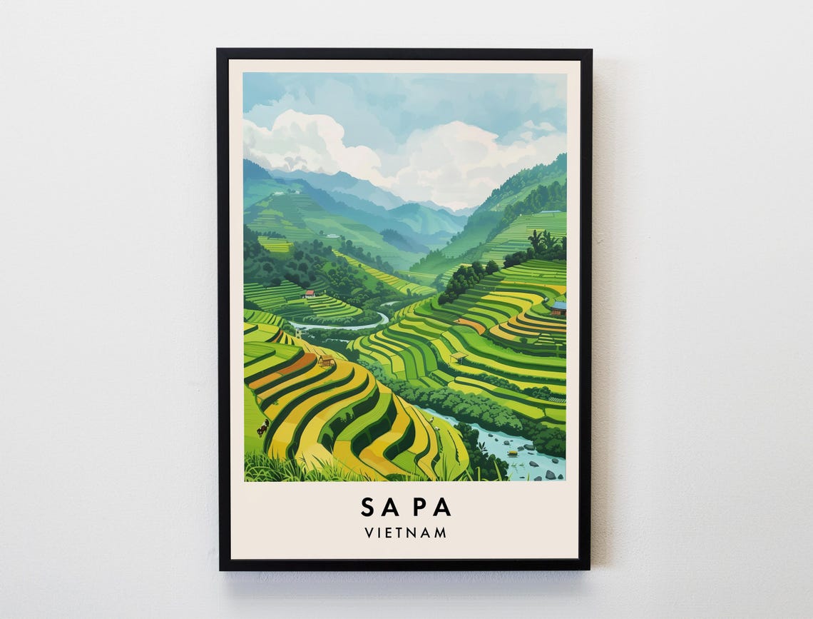 Sapa Vietnam Terraced Rice Fields Mountain Retro Travel Poster