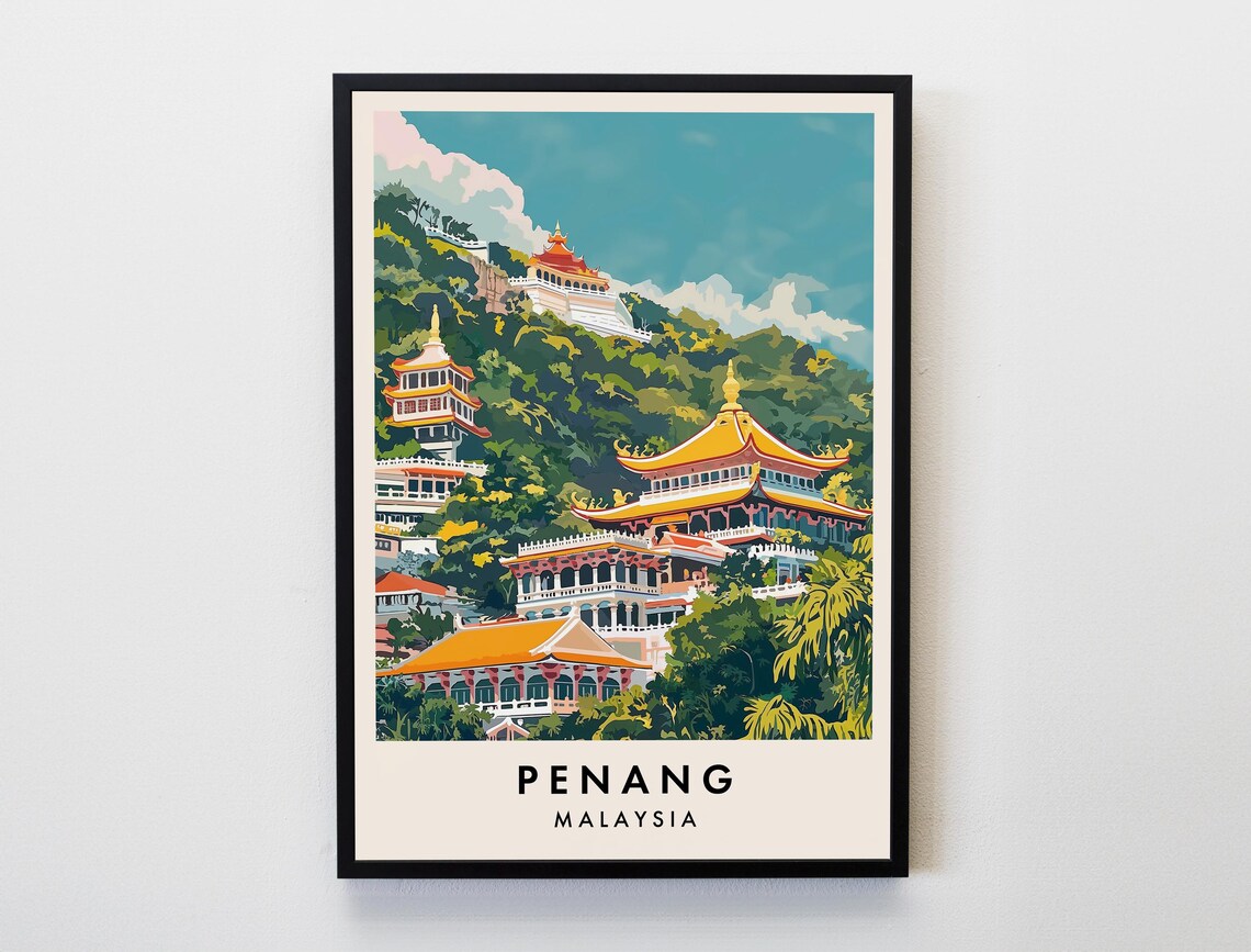 Penang Malaysia Hilltop Temple Golden Roofs Tropical Travel Art Poster