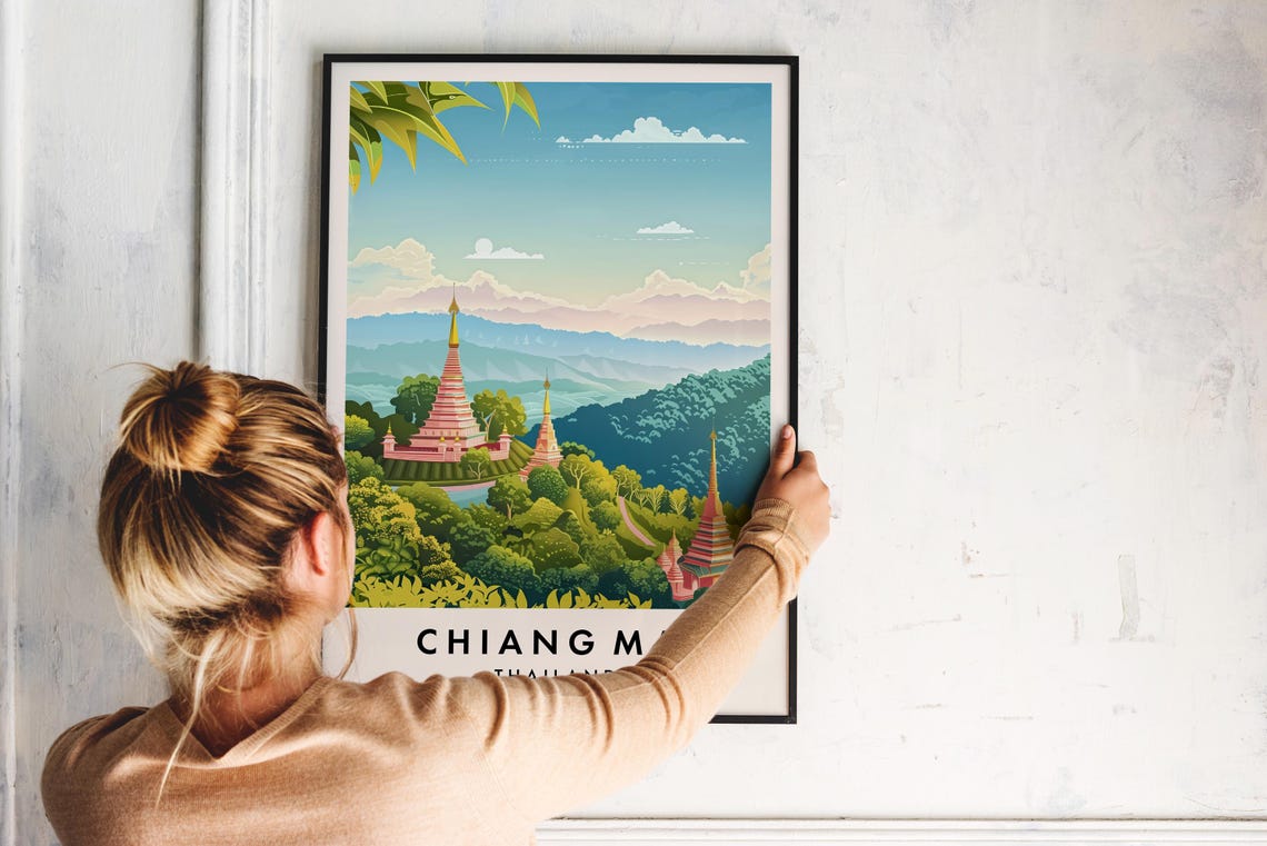 Chiang Mai Thailand Mountain Temples Vintage Illustration Poster - Image 2
