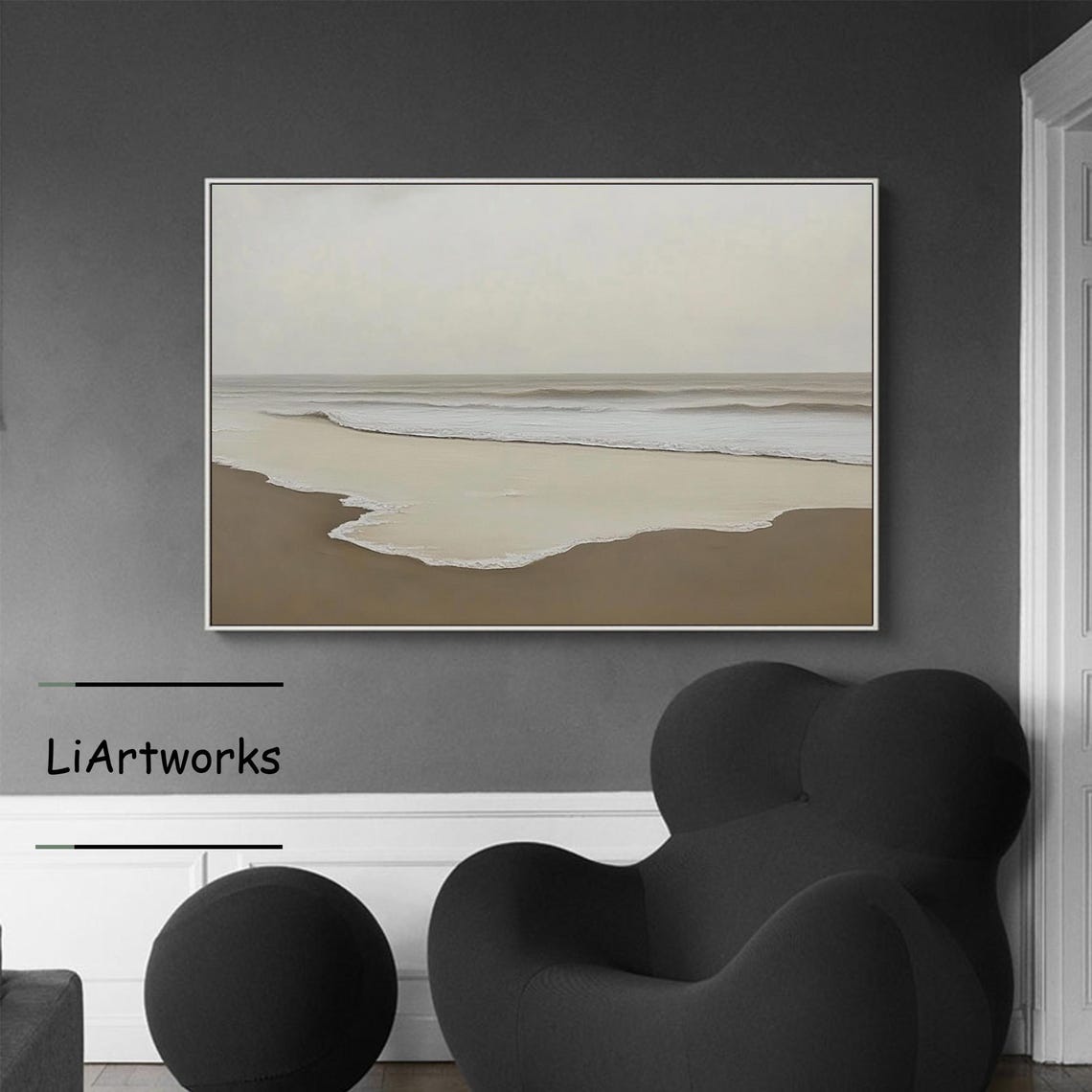 Gray Minimalist Shoreline With Soft Waves on Pale Beige Sand Poster - Image 4