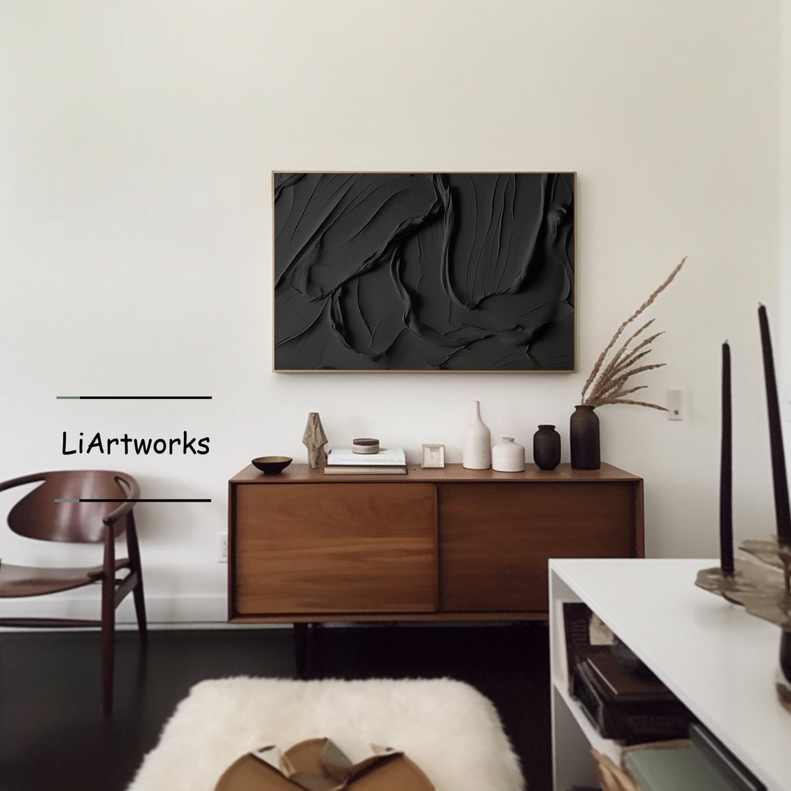 Black Textured Abstract Painting in Gold Frame Modern Dark Art Poster - Image 4
