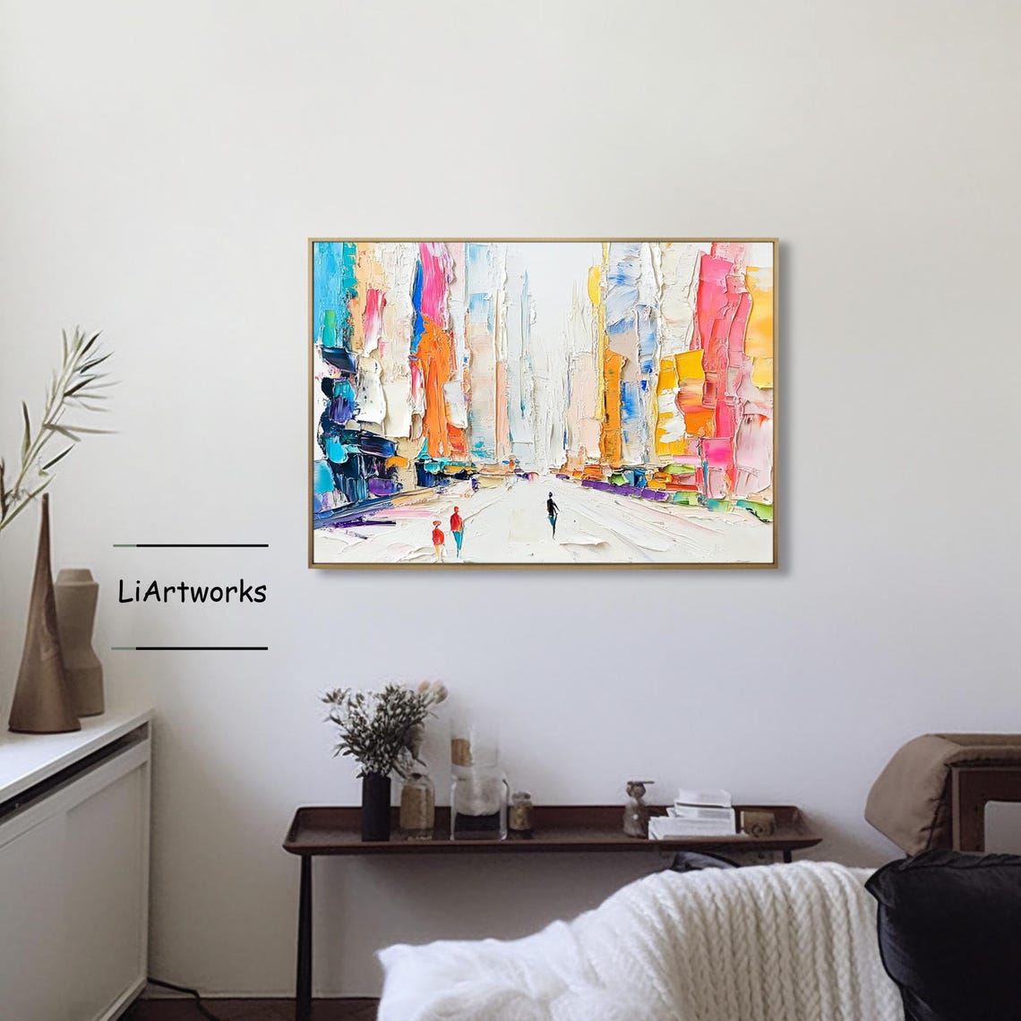 Colorful Impasto City Street With Tiny Figures and Wet Pavement Poster - Image 4
