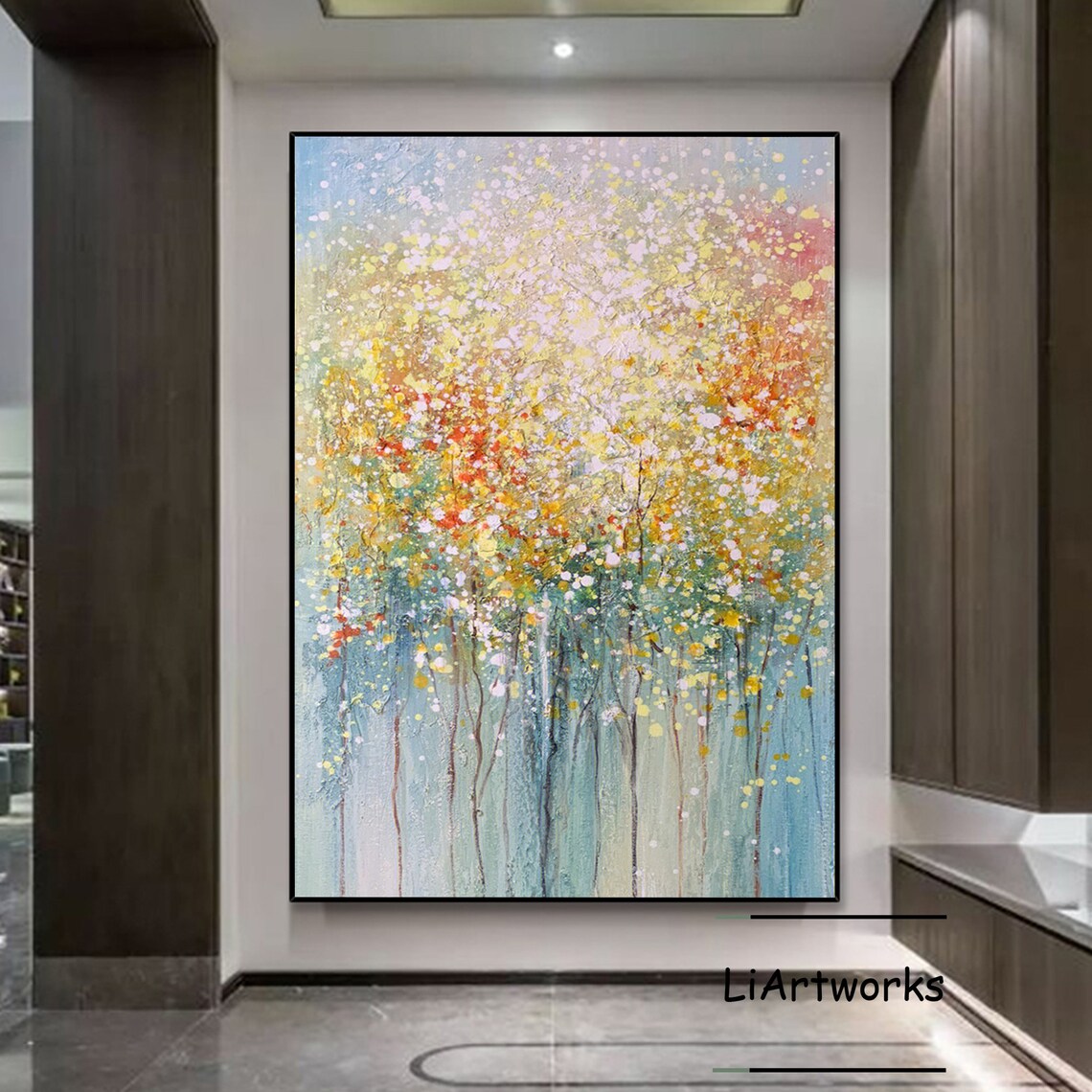 Abstract Flowering Trees with Golden Blossom Canopy Colorful Poster - Image 4