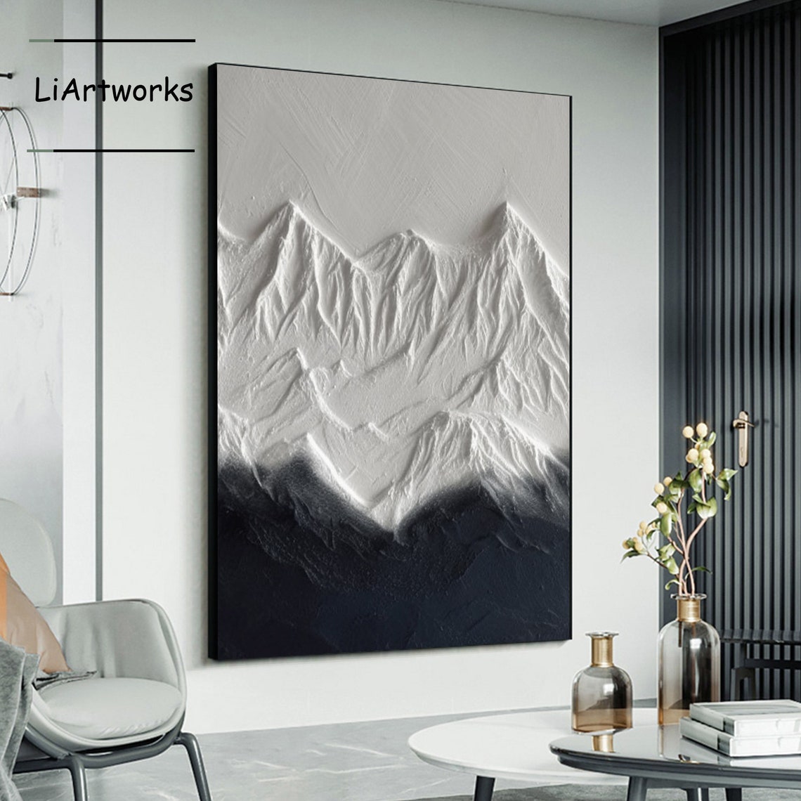 Black And White Mountain Ridge 3D Textured Landscape Art Poster - Image 4