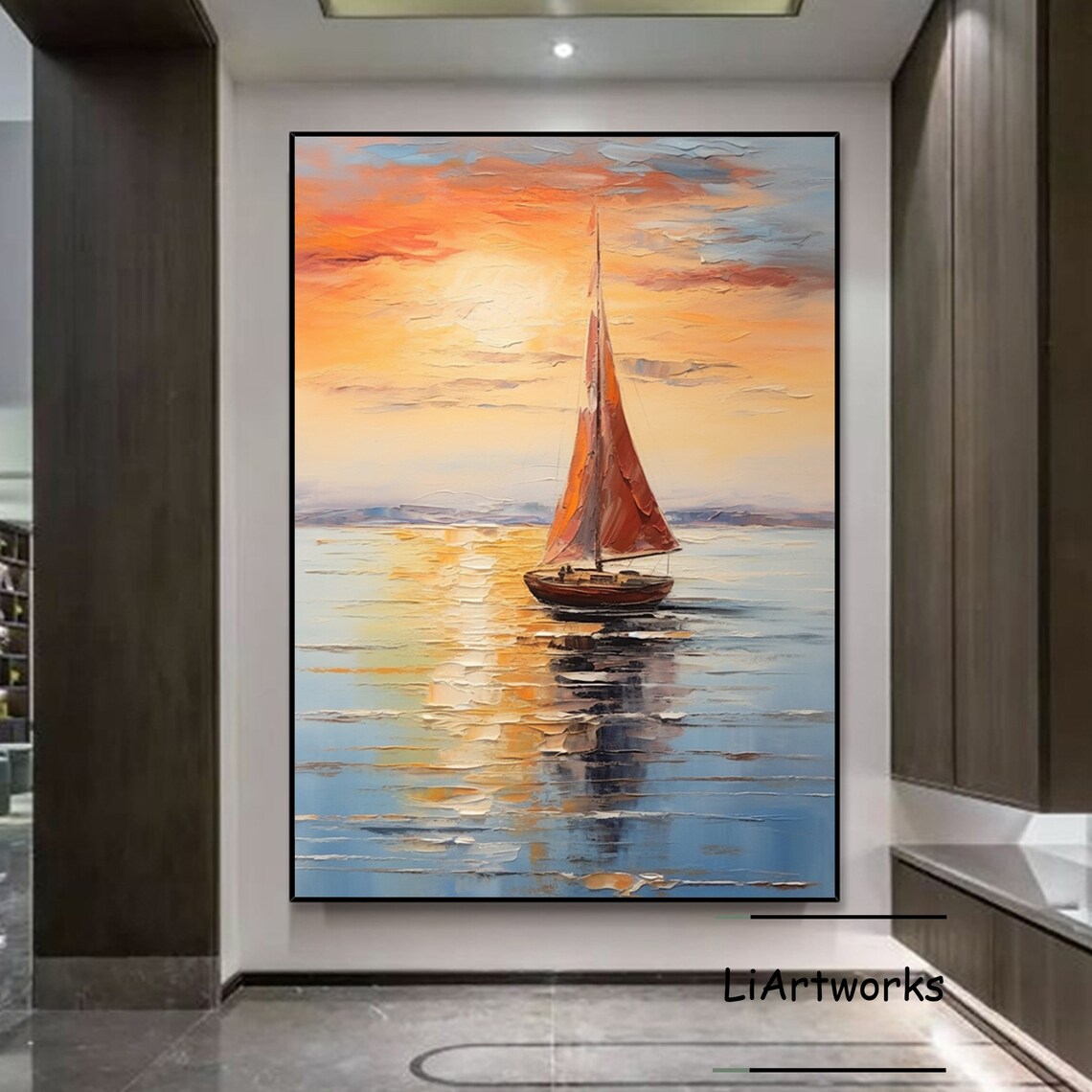Sailboat At Sunset Orange Sails Textured Seascape Painting Poster - Image 4