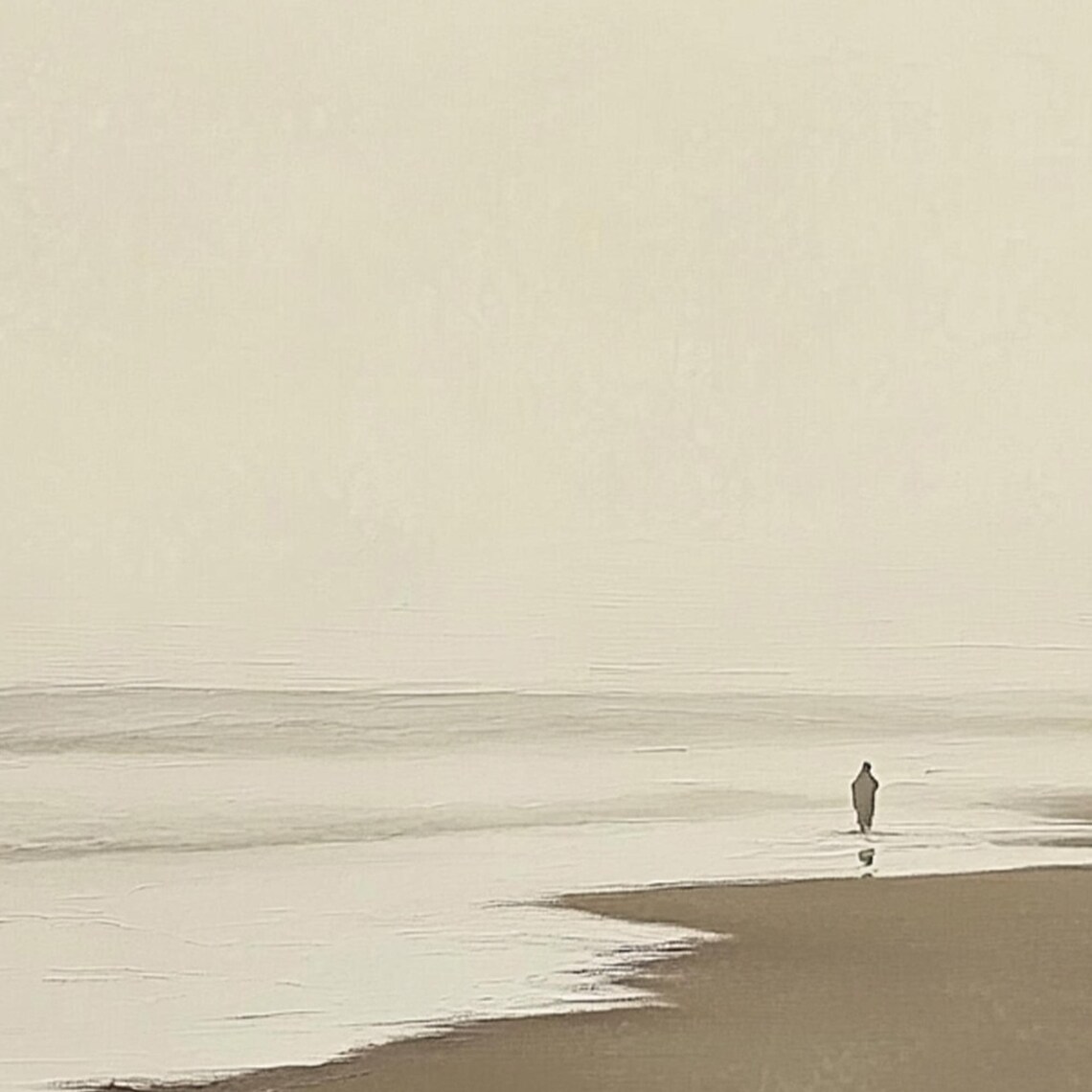 Minimalist Beige Beach Scene With a Lone Figure Walking on Sand Poster - Image 2