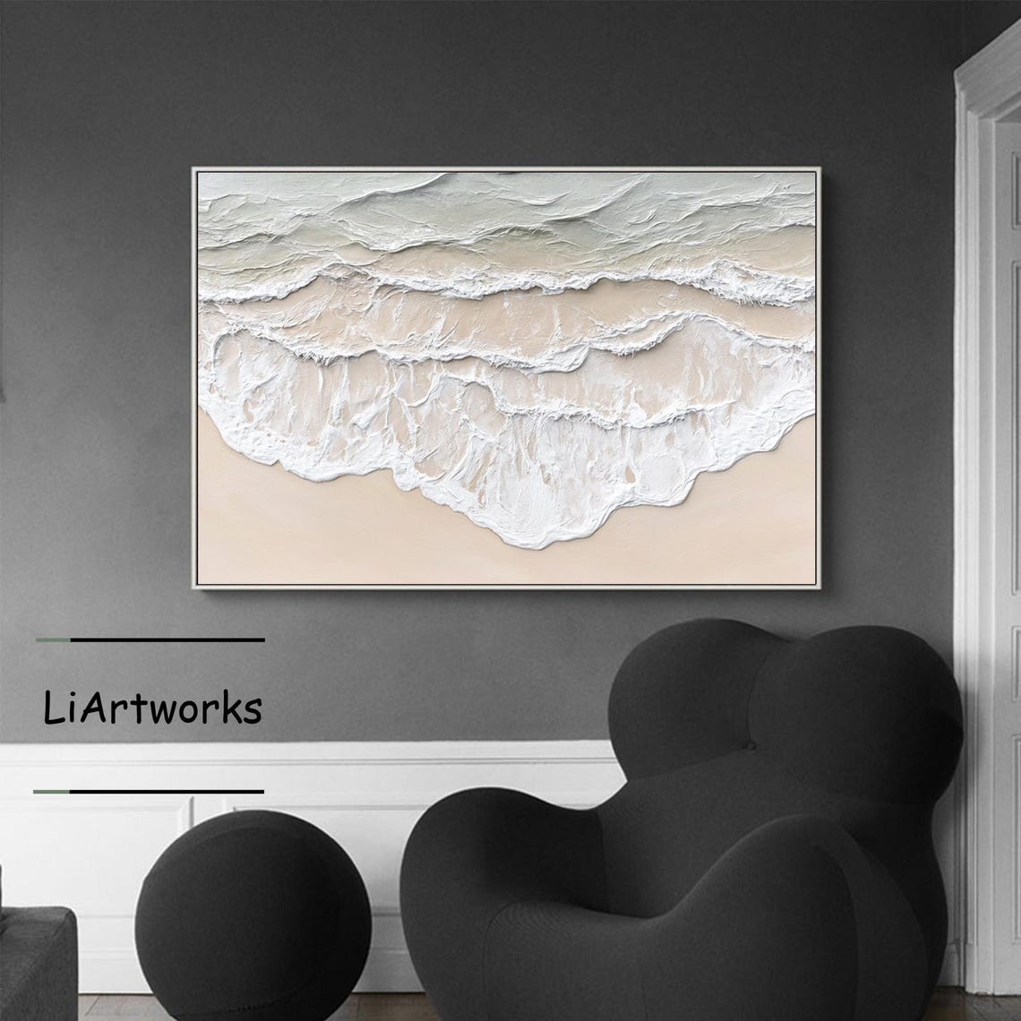 Top Down View of Foamy Surf Rolling Over Gray Green Shallows Poster - Image 4