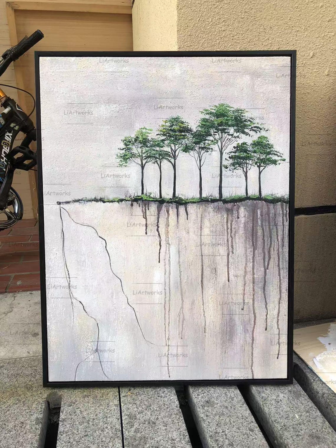 Five Small Green Trees on a Cliff Edge in Minimal Landscape Poster - Image 2