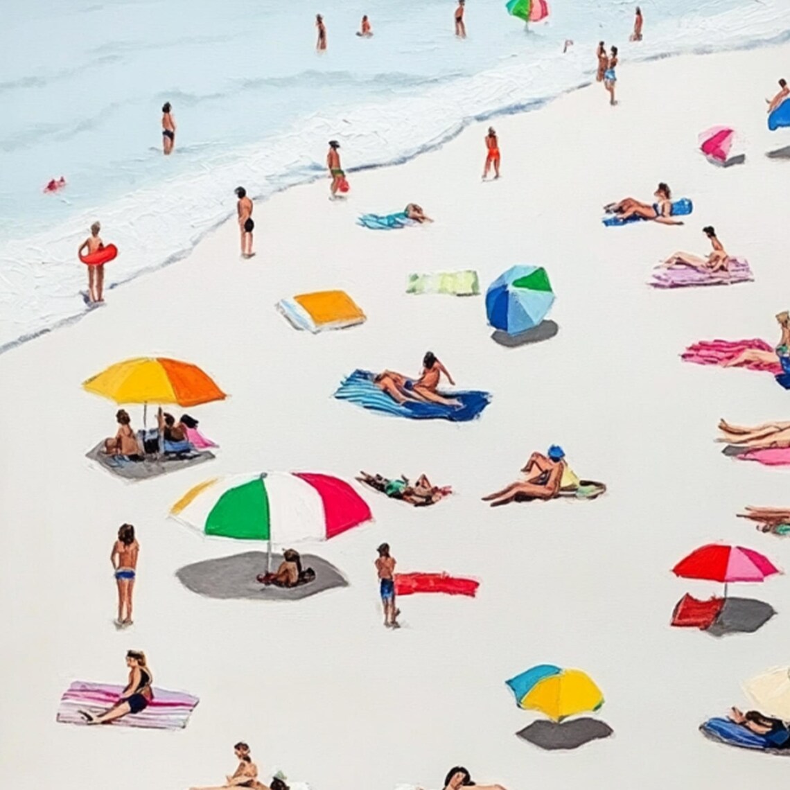 Beach Bathers Colorful Umbrellas Calm Sea Summer Retreat Art Poster - Image 2