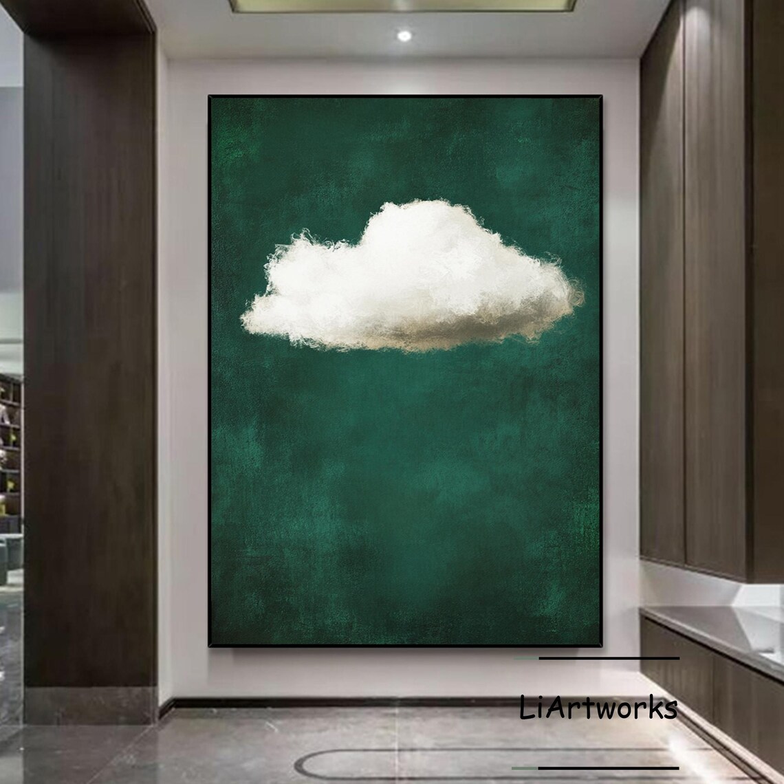 White Cloud On Emerald Green Textured Sky Minimalist Art Poster - Image 4