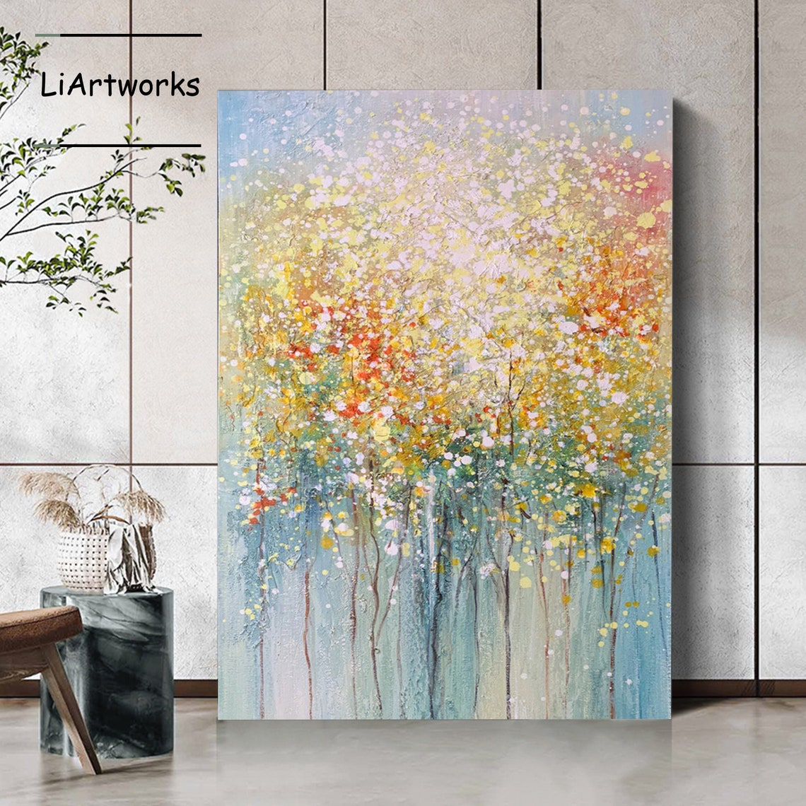 Abstract Flowering Trees with Golden Blossom Canopy Colorful Poster - Image 2