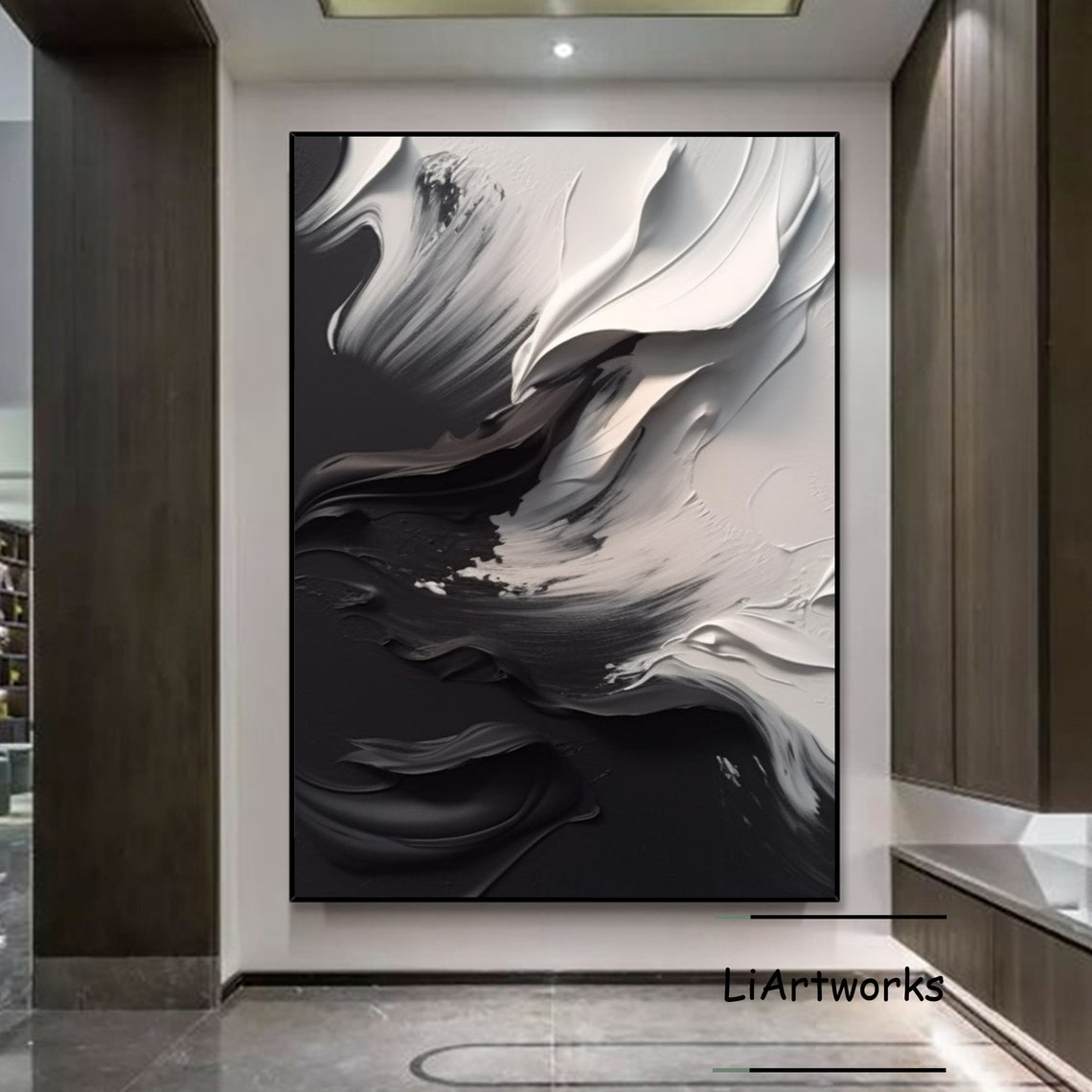 Black and White Flowing Wave Impasto Abstract Elegant Modern Poster - Image 3