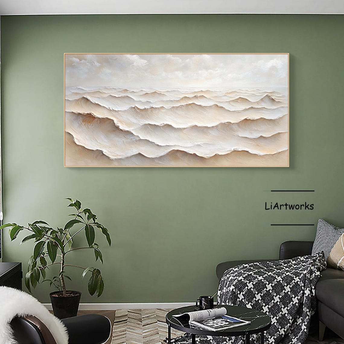Soft White Rolling Waves Layered Textured Calm Ocean Art Poster - Image 3