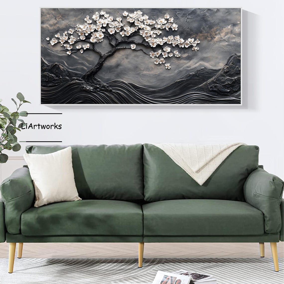 Monochrome Blossoming Tree Over Rolling Stylized Waves Art Poster - Image 4
